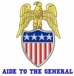 Eagle emblem with detailed shield, red and white stripes, and blue stars, featuring 'AIDE TO THE GENERAL' text.