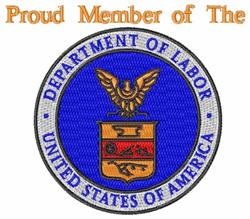 Eagle shield emblem with detailed orange text on a blue background, symbolizing authority and pride.