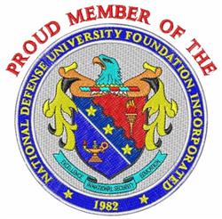 Vibrant eagle shield emblem in bold colors with text banner 'PROUD MEMBER OF THE' and symbols, suitable for ceremonial use.