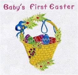 Easter basket filled with colorful eggs, decorated with greenery and a blue ribbon, featuring 'Baby's First Easter' in pink.