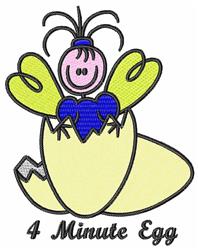Whimsical cartoon insect with pink face and blue heart body hatching from a yellow eggshell for Easter.