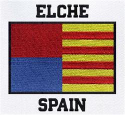 Bold flag design for Elche, Spain, featuring a red and blue flag, yellow stripes, and black 'ELCHE' text.