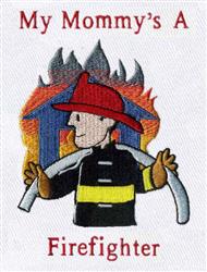Cartoon firefighter in red hat, black and yellow uniform, holding fire hose with vibrant flames behind.