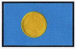 Flag with circular emblem featuring a blue background, yellow circle, and black border in a modern minimalist style.