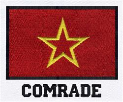 Flag with a star design in bold graphic style, featuring a vibrant red background, yellow star, and black 'COMRADE' text.