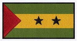 Vibrant flag design featuring a red triangle, yellow stripe with black stars, bordered by green.
