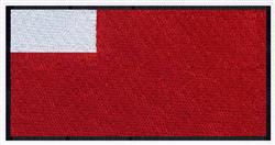 Flag design featuring a bold red background, a white section in the top left, and a black border.