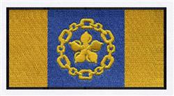 Flag design with emblem featuring a blue background, gold elements, and a chain motif, perfect for home decor.