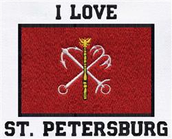 Flag emblem with bold design featuring a red background, staff crossed with tridents, and 'I LOVE ST. PETERSBURG' text.