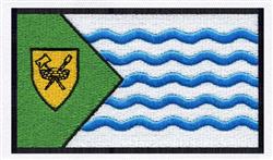 Flag emblem with a green field and yellow crossed tools on the left, blue wavy water lines on the right.