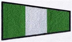 Flag design in bold green and white, framed by a black border, features a simple, emblematic style.