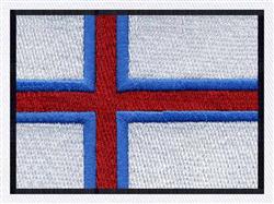 Flag design with a prominent red cross, blue outline, and white background in a modern, simplistic style.