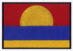 Patriotic flag featuring a prominent sun emblem, with bold red background and blue-yellow stripes, framed by a black border.