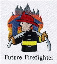 Cartoonish firefighter in a red helmet and yellow-striped uniform, holding a hose by a colorful house on fire. Future Firefig