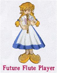 Playful design of a girl playing the flute, wearing a white dress with blue accents and yellow shoes.
