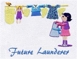 Playful young girl in pink by a vibrant clothesline, with colorful garments and a doll, elegant 'Future Launderers' embroider