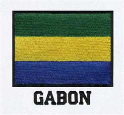 Gabon flag with three horizontal stripes in green, yellow, and blue. 'GABON' is stitched below in bold black. Ideal for cultu