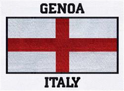 Genoa flag featuring a bold red cross on a white background, with 'GENOA' and 'ITALY' in black uppercase letters.