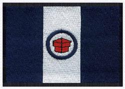 Geometric flag design with a bold dark blue background, a white vertical stripe, and a red shape enclosed in a circle.