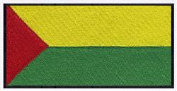 Geometric flag featuring a bold red triangle, bright yellow field, and rich green area, perfect for modern styles.