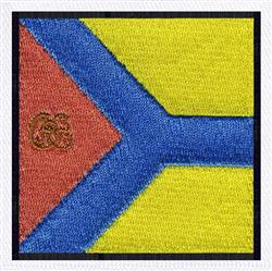 Modern flag design featuring a red triangle, blue chevron, and yellow background suitable for machine embroidery.
