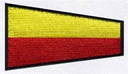 Geometric shape in bold color block design with a yellow top, red bottom, and thick black outline.