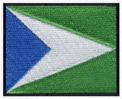 Geometric triangular shape in blue with clean lines on a white background, framed by a green canvas.