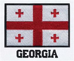 Embroidered flag of Georgia featuring a bold red cross, smaller corner crosses, and a black border.