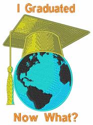 Colorful graduation cap with a bright yellow top above a blue globe, featuring bold text 'I Graduated Now What?'