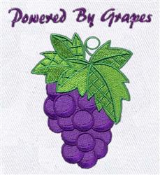Colorful grapes cluster with vibrant purple hues and green leaves, featuring 'Powered By Grapes' in playful font.