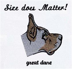 Great Dane head with prominent ears and focused expression, featuring earthy tones and humorous text 'Size does Matter!'.