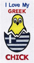 Playful yellow chick in FSL design peeking from a blue and white Greek flag egg with 'I Love My' text.