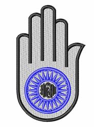 Modern geometric hand symbol with a bold blue eye motif inside a prominent circle, in gray tones.