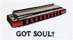 Harmonica with shiny metal surface and red accents, featuring 'GOT SOUL?' embroidered below in bold black text.