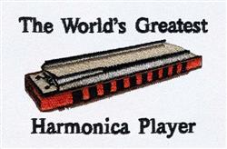 Vibrant harmonica with metallic detailing at center, captioned 'The World's Greatest Harmonica Player' in playful style.