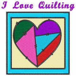 Colorful heart patchwork with vibrant patches framed in blue, featuring 'I Love Quilting' text in purple.