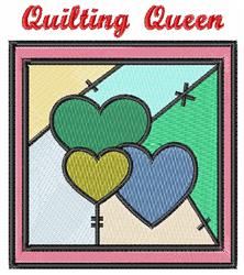 Colorful hearts in shades of green and blue within a geometric frame, featuring 'Quilting Queen' in red.