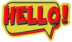 Bold text 'HELLO!' in red with a black outline, inside a bright yellow speech bubble, playful and colorful.