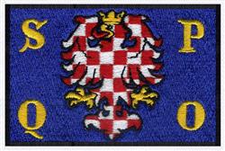 Heraldic eagle in red and white checker design with a golden crown, on a blue background with yellow letters 'S', 'Q', 'P', '