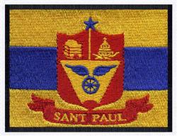 Heraldic shield with detailed emblematic features, blue stripe, yellow background, and 'SANT PAUL' text.