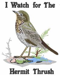 Detailed embroidery of a Hermit Thrush with realistic feather textures and earthy colors, featuring foliage and the text 'I W
