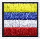 Bold rectangular block with horizontal stripes in yellow, blue, white, and red, framed by a black border.
