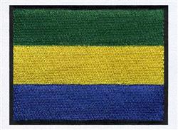 Applique flag design featuring bold horizontal stripes in green, yellow, and blue with a black border.