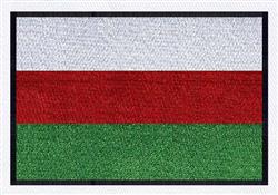 Realistic flag with three horizontal stripes: white, red, and green, bordered in black. Features clean embroidery.