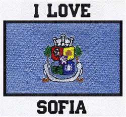 Bold text 'I LOVE SOFIA' with vibrant colors on a blue background, surrounded by a decorative emblem.
