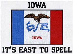 Vibrant applique design of Iowa state flag featuring an eagle above flowing text 'Iowa' and playful saying 'IT'S EASY TO SPEL