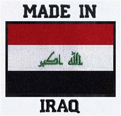 Iraqi flag patch with red, white, and black stripes, featuring 'MADE IN' and 'IRAQ' in bold black text.