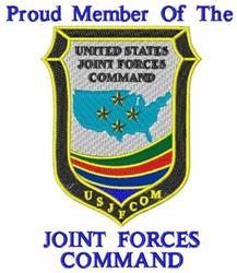 Joint Forces Command emblem featuring a shield shape, colorful stripes, and bold text details. Military insignia design.