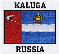 Kaluga flag embroidery design features a red and blue field with a crown, black text, and a white stripe.