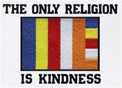 Bold statement text 'THE ONLY RELIGION IS KINDNESS' in black with a colorful flag design in vibrant hues.